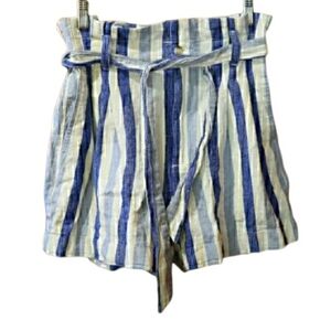Madewell Blue White Striped Paperbag High Waist Belted Shorts Size 2 Linen Blend
